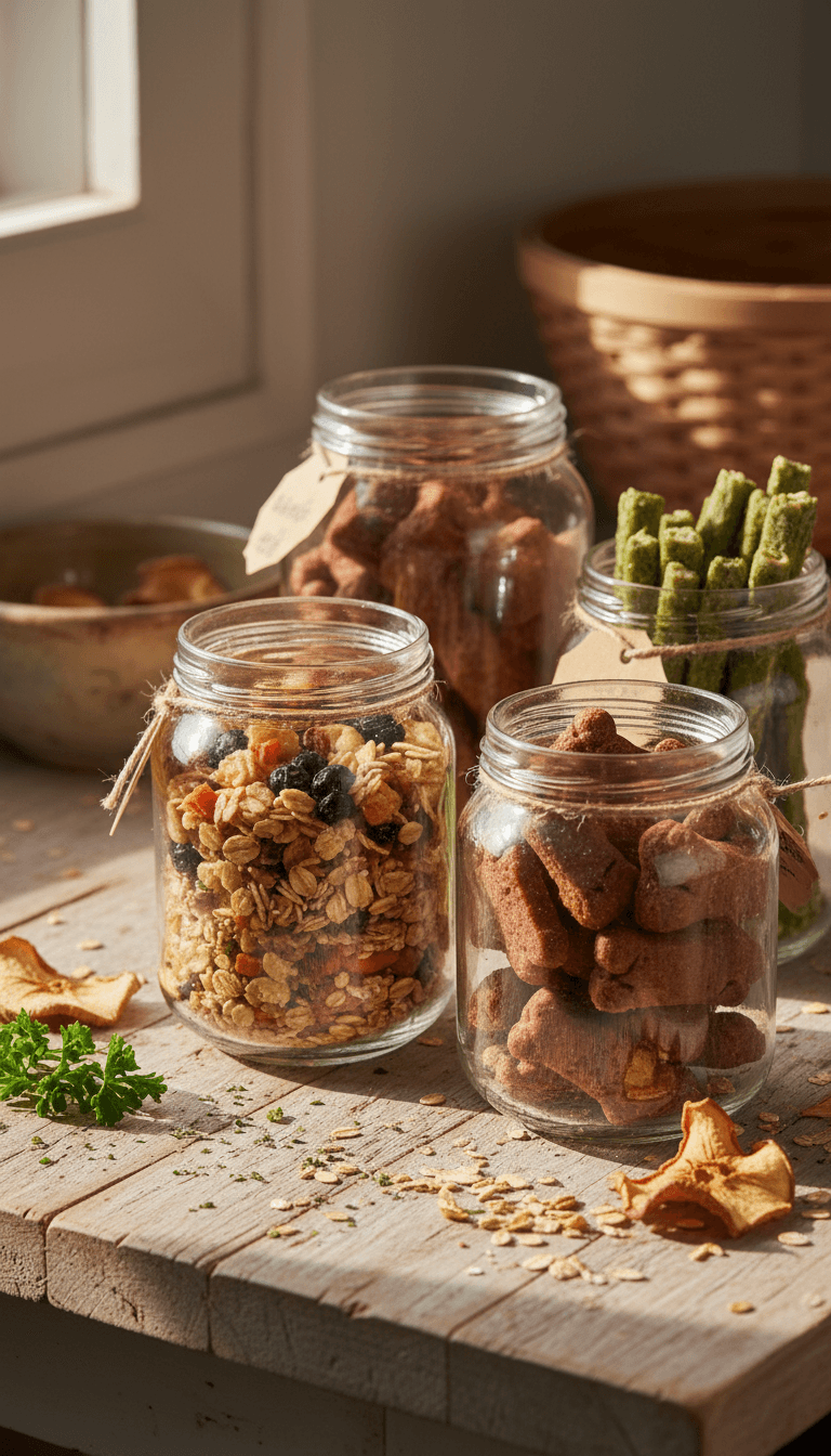 Small glass jars filled with assorted pet treats on a wooden counter in Toronto