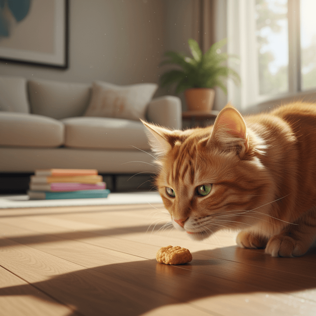 Cat inspecting a crunch treat on a bright floor