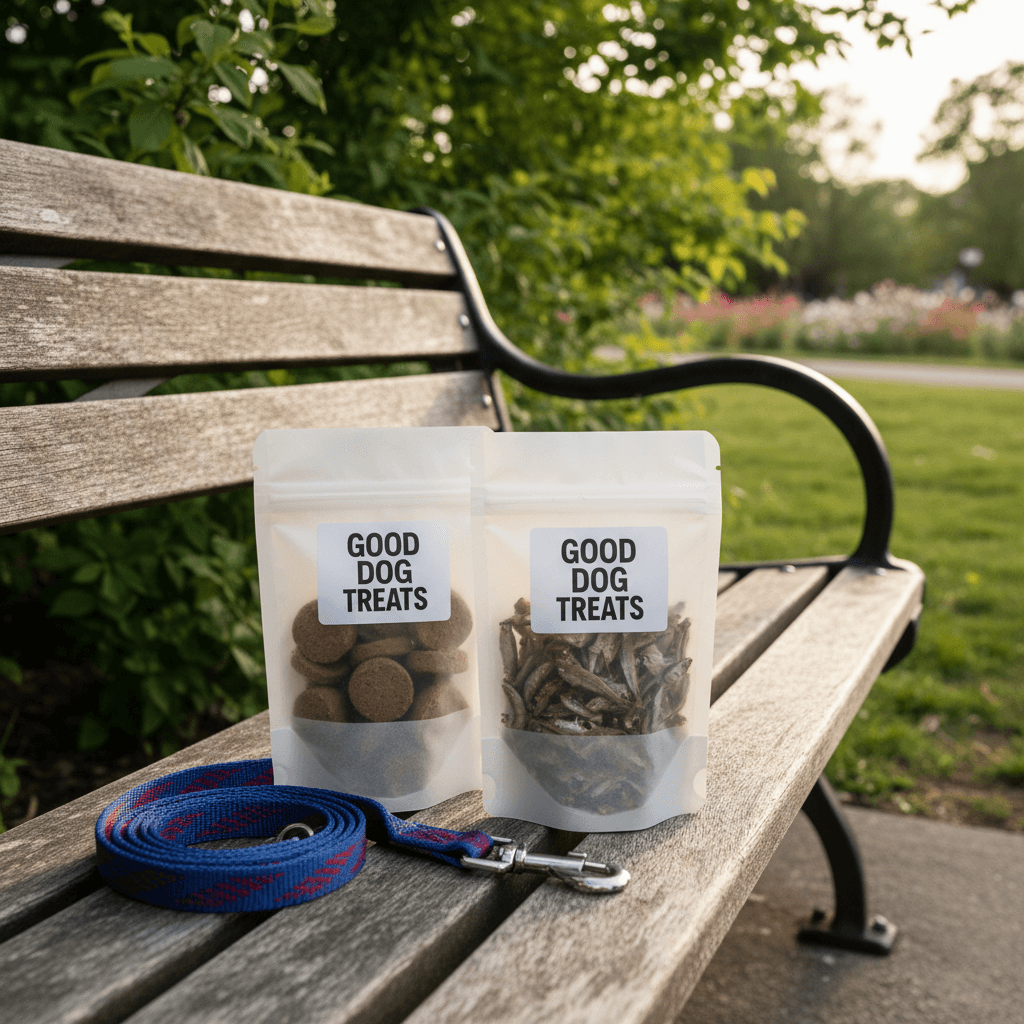Resealable treat bags on park bench with leash
