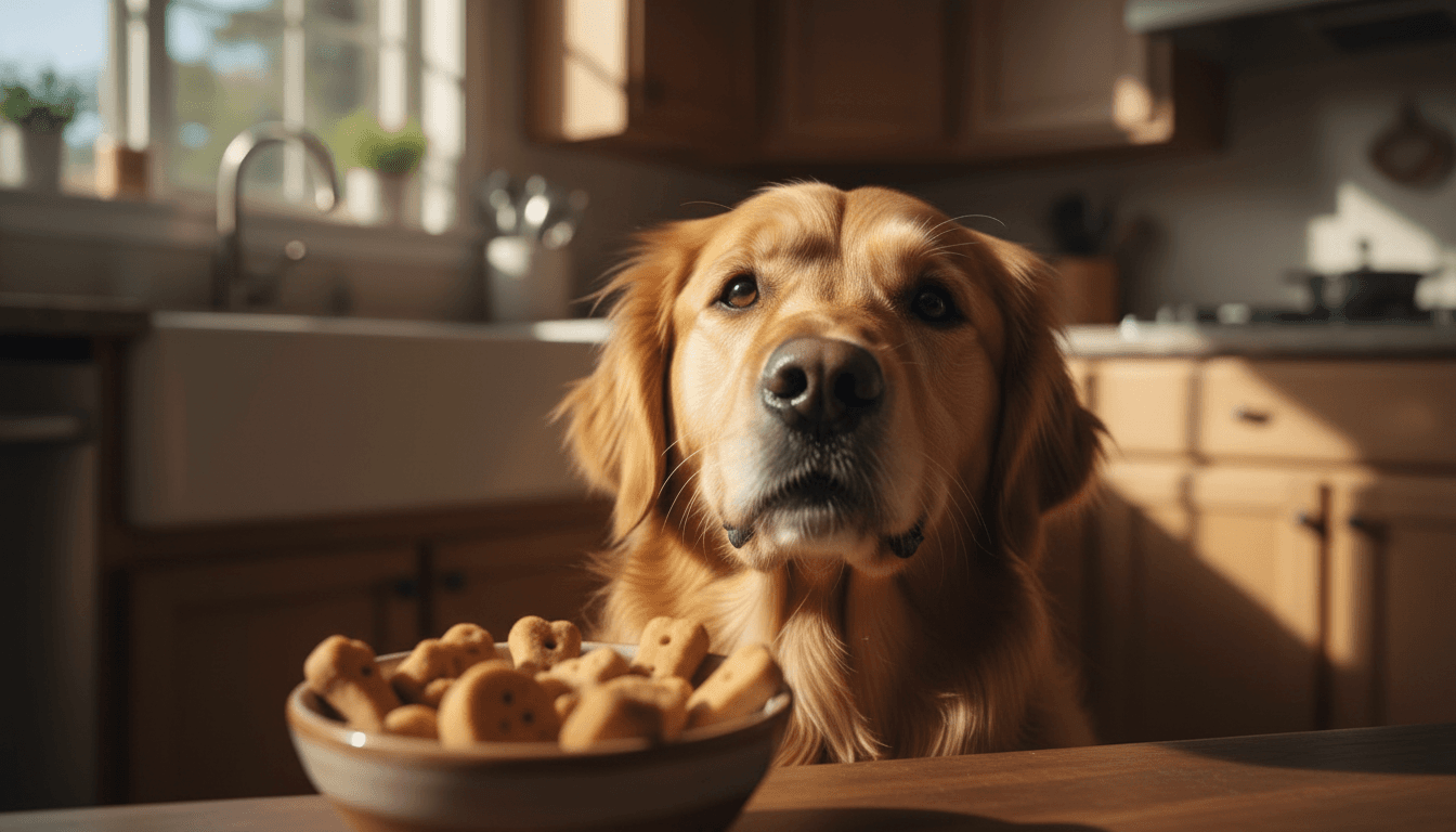 Happy golden retriever waiting patiently next to a bowl of dog treats in a warm kitchen setting at morning light