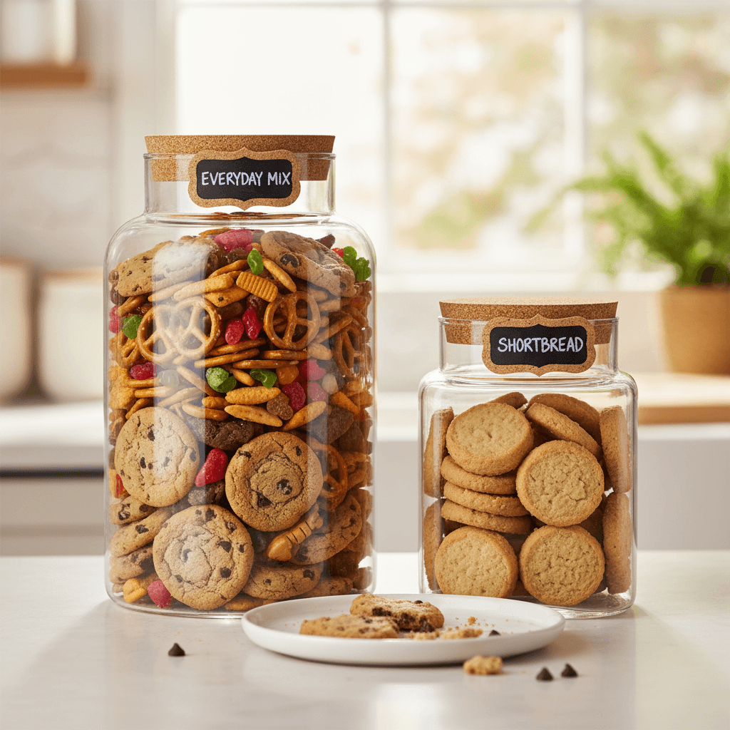 Jar filled with assorted treats on kitchen counter