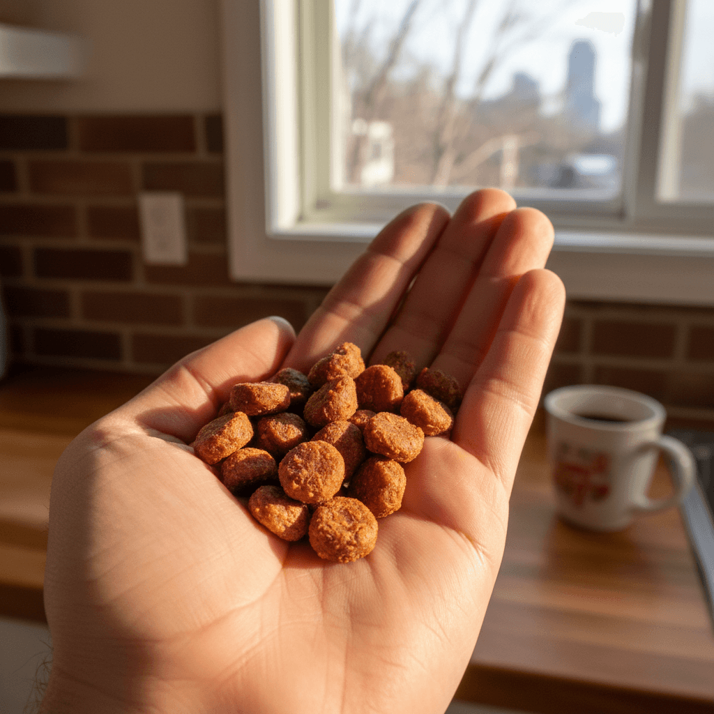 Small soft pet treats held in an open palm