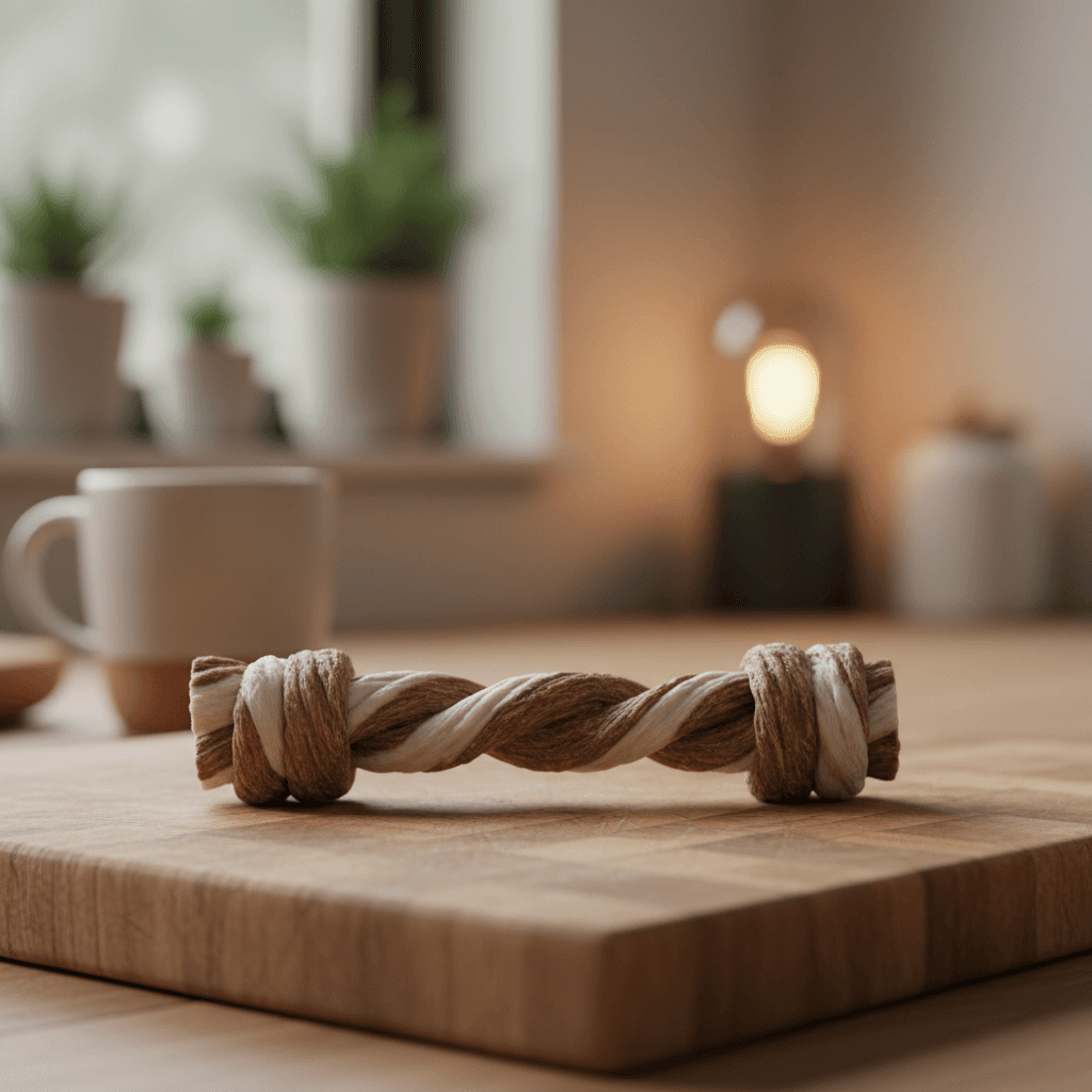 Twisted dental chew on wooden surface