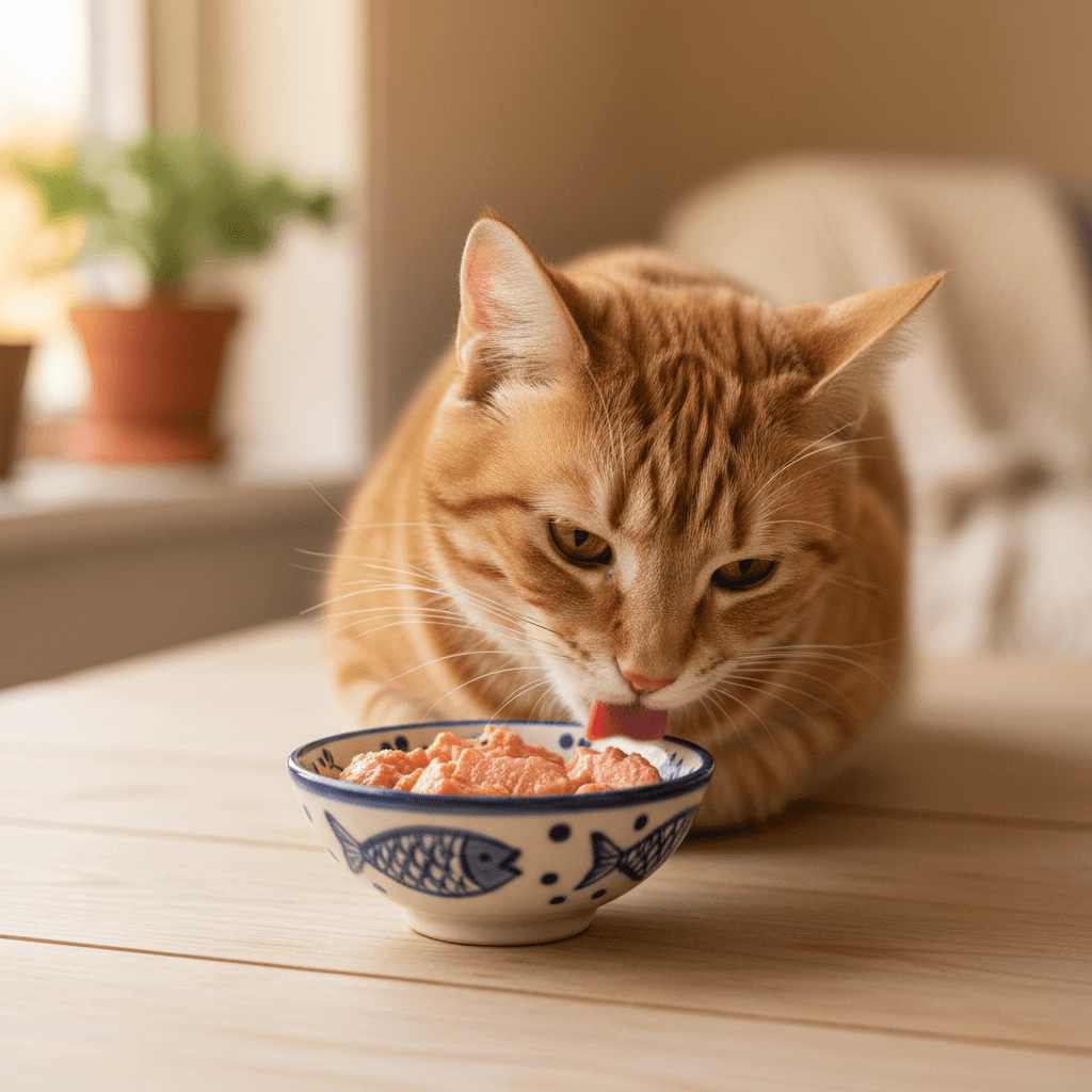 Assorted cat treats in small ceramic bowls arranged on a table