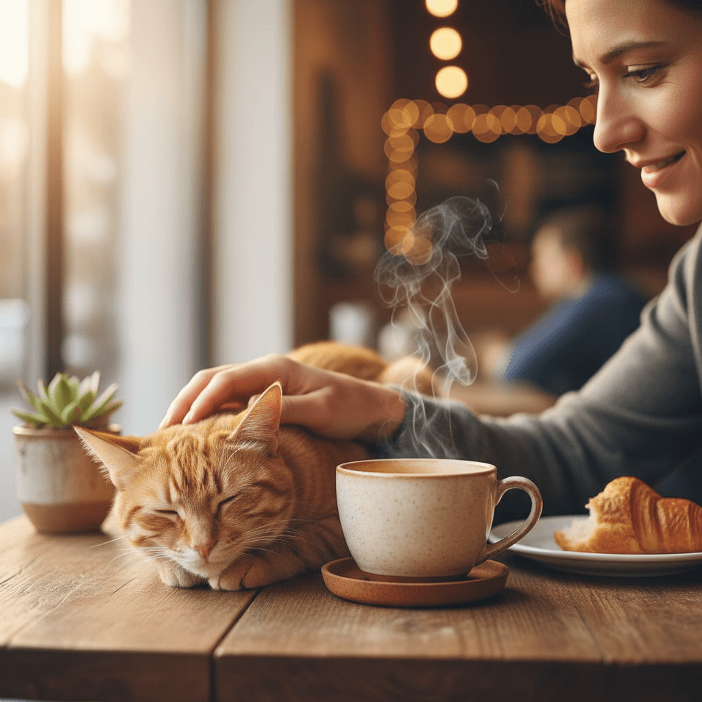 Hand offering a treat to a happy dog while a cat watches nearby