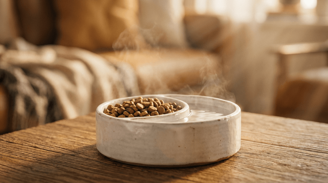 Person scooping mixed pet treats into a bowl in a bright kitchen
