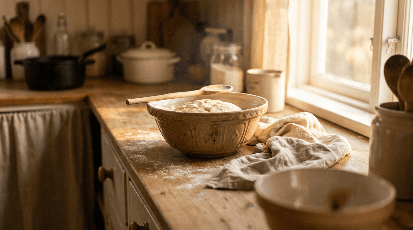 Happy golden retriever sitting beside a bowl of assorted pet treats on a wooden table in a sunny kitchen