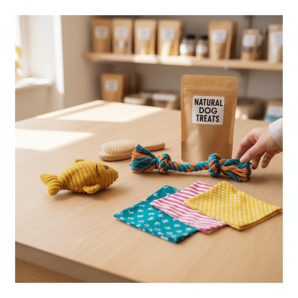 Glass jars of assorted pet treats on a wooden counter