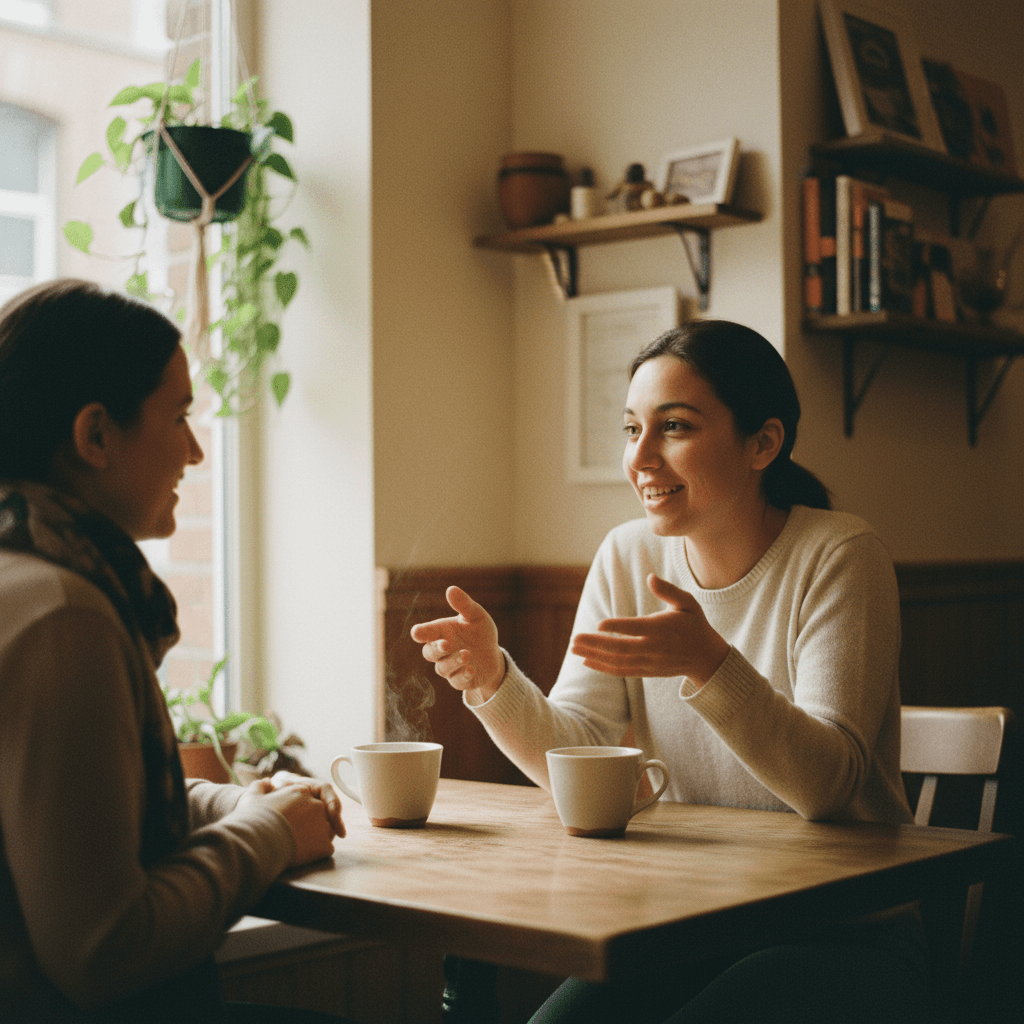 Shop owner chatting with a customer at the counter