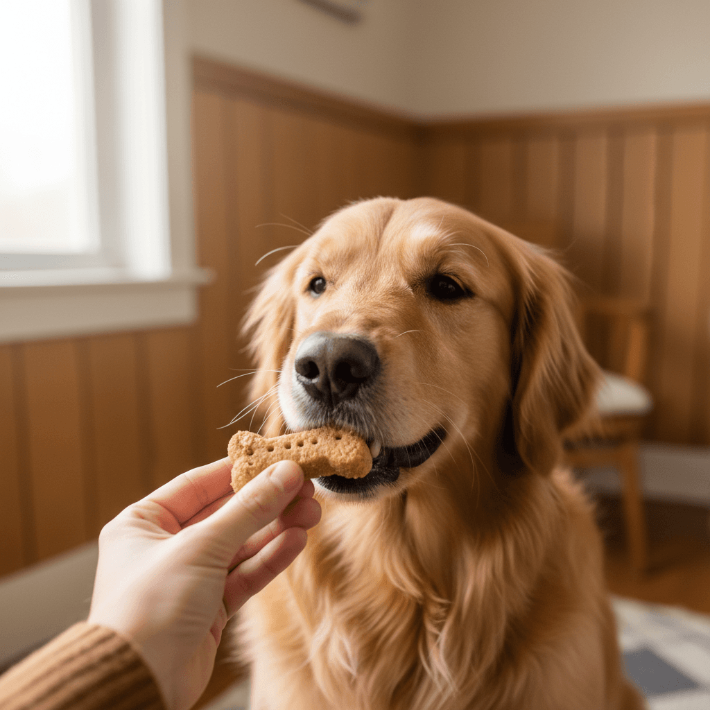 Small dog training treats in a clear glass jar on a wooden counter
