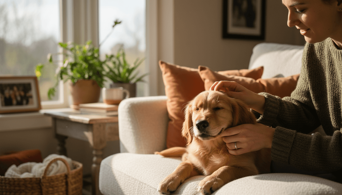 Person offering a treat to a happy golden retriever in a sunlit Toronto home