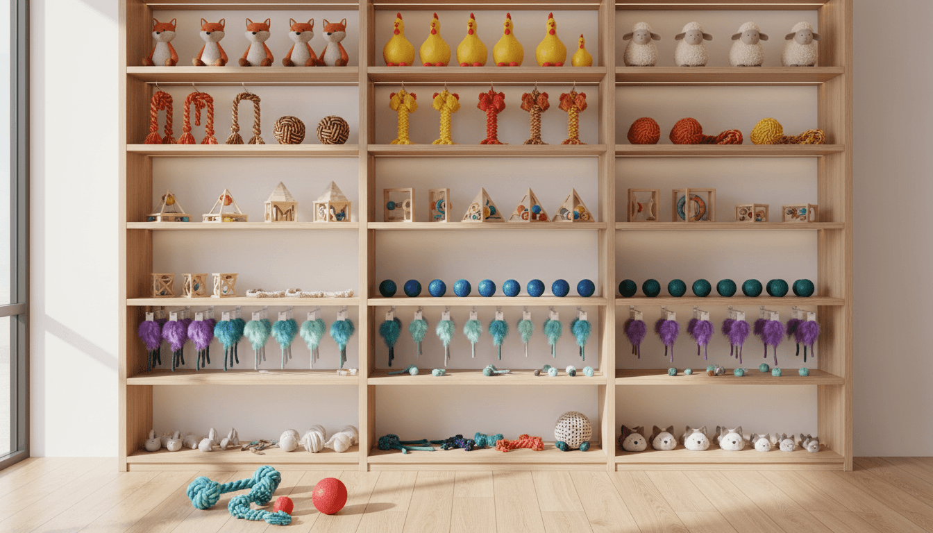 Neatly organized shelves of pet treat bags