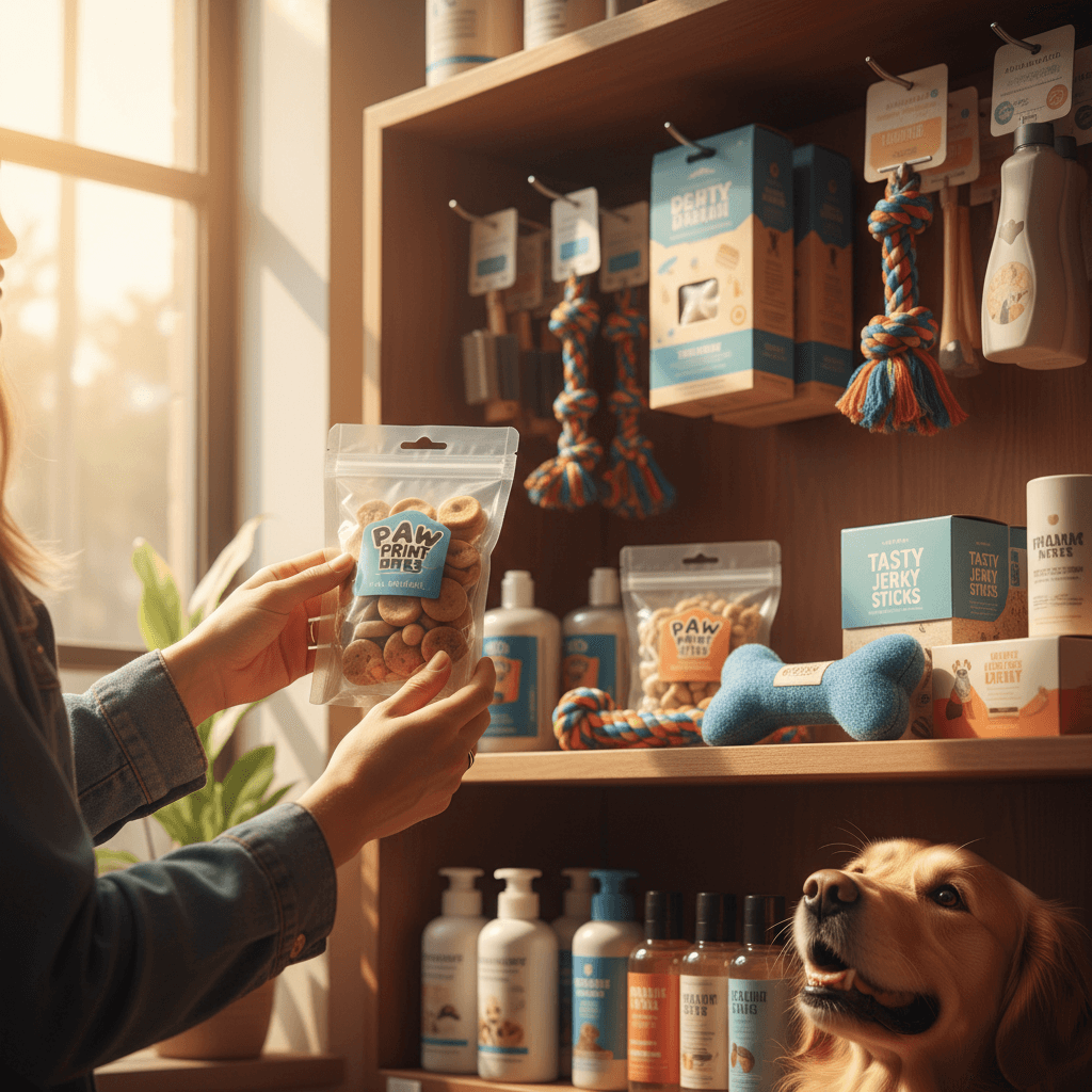 Shop owner holding up treat options to a happy dog